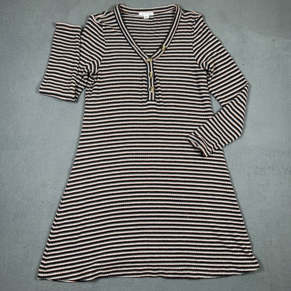 American Eagle Dress Women Large Multi Color Striped Henley Ribbed A-Line Knit